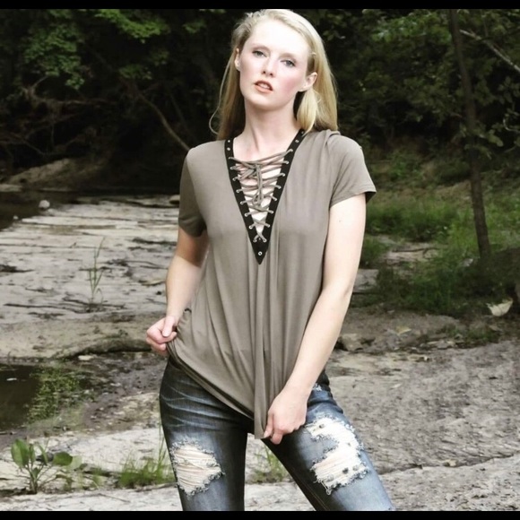 Olive lace up tee - Picture 1 of 5